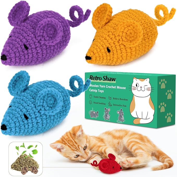 Retro Shaw Catnip Toys Crochet Mice Cat Toys, 3 Pcs Durable Yarn Cat Mouse Toys for Indoor Cats, Stuffed with Natural Catnip & Silvervine Blend, Handmade Interactive Kitten Chew Toy for Teeth Cleaning