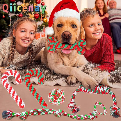 Christmas Dog Rope Toys 6 Pack - Pet Chew Toys Set for Aggressive Chewers Small Medium Dogs Puppy Large Breed Interactive Dog Ball Toys Training Playing Teeth Cleaning, for Xmas Party Indoor Outdoor