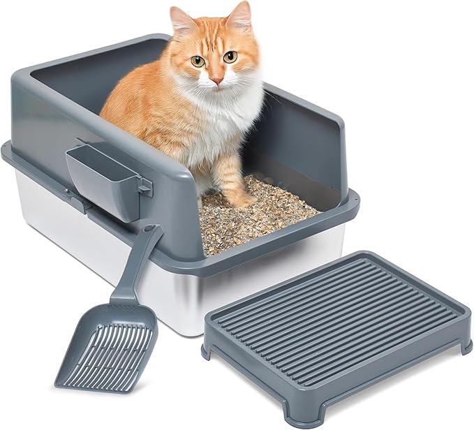 iPrimio Premium XL Stainless Cat Litter Box with Enclosure, 1 Scooper and Elevated Litter Mat - Durable, Easy to Clean and High Sides Cat Box with Step Scoop - Scratch and Bite Proof - Dark Grey