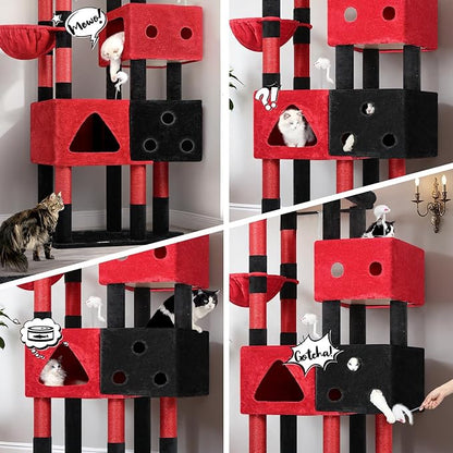 Globlazer Extra Large Gothic Cat Tower, 81-inch Tall Goth Cat Tree for Big Cats 20 lbs, XXL Heavy Duty Cat Scratching Tower for Indoor Adult Cats with 3 Cat Condos, 8 Scratching Posts, F81, Red Black
