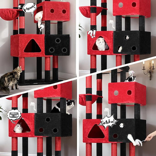 Globlazer Extra Large Gothic Cat Tower, 81-inch Tall Goth Cat Tree for Big Cats 20 lbs, XXL Heavy Duty Cat Scratching Tower for Indoor Adult Cats with 3 Cat Condos, 8 Scratching Posts, F81, Red Black