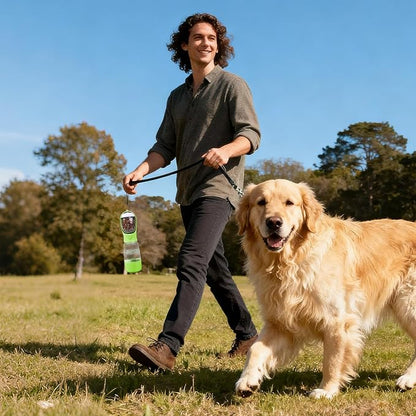3-in-1 Dog Water Bottle Portable Leak Proof Pet Water Dispenser with Built-in Snack Storage & Waste Bag Holder 14oz for Outdoor Walking, Hiking Travel Green