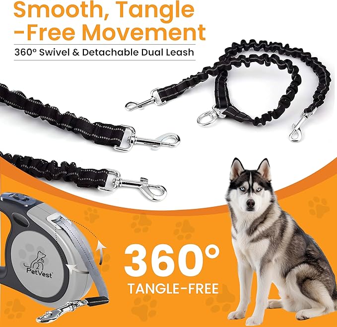 Dual Retractable Dog Leash,10 FT Tangle-Free Leash for 2 Dogs, Detachable for Single Use,One-Button Brake & Lock, Up to 44 lbs Each, 360° Swivel, Non-Slip Handle + Poop Bag Holder (Grey)