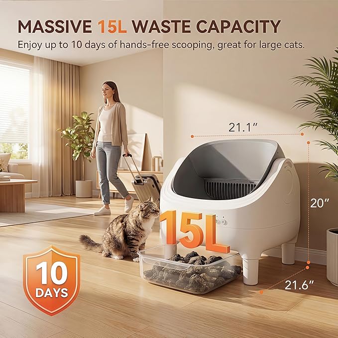 Self Cleaning Cat Litter Box, Greesum Automatic Open-Top Smart Litter Box with App Control, 15L Odor-Sealed Waste Bin, Quiet 35dB, Safety Sensors for Large Cats & Multi-Cat Homes
