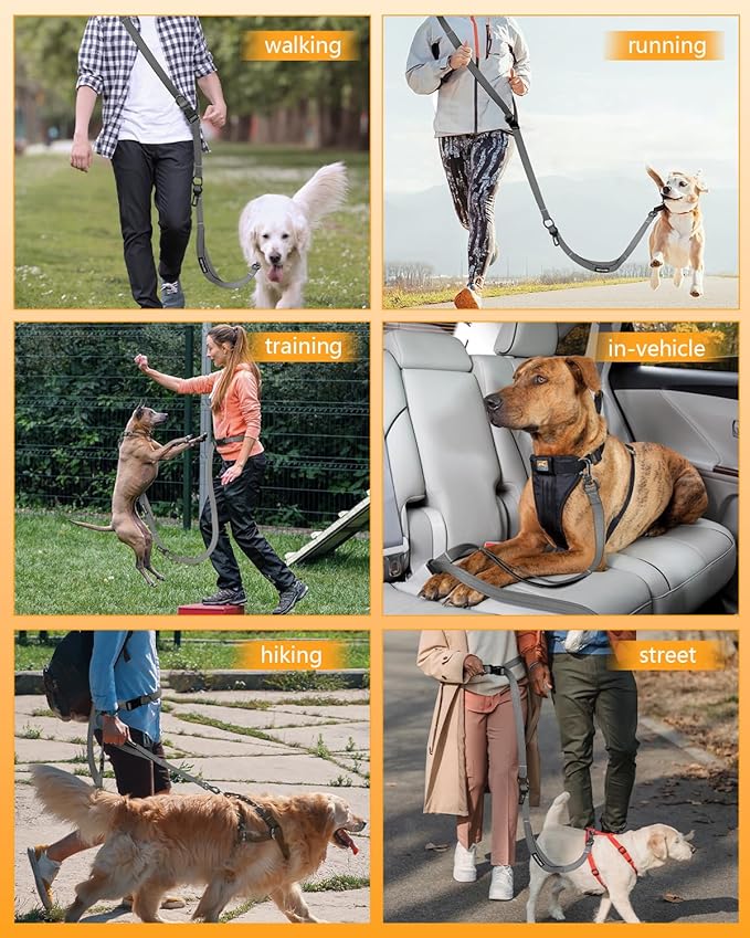 Hands Free Dog Leash, Crossbody Dog Leash, 5.3-7.9Ft Waist Belt with Car Seatbelt and Double-Sided Reflective,Walking, Jogging,Hiking, Travel etc.(Grey)