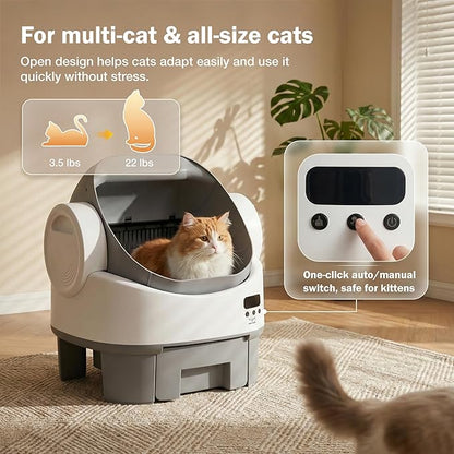 WARCAT Self-Cleaning Cat Litter Box, Open-Top Automatic Litter Box with Child Lock, 10L Large Capacity Waste Drawer, No APP Required, Includes Garbage Bags & Cleaning Mat (Gray & White)