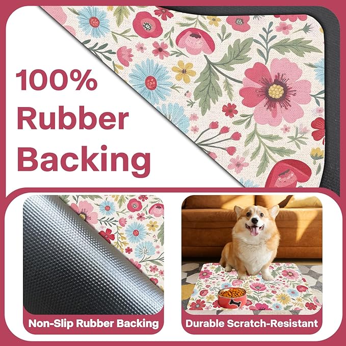 Pet Dog Cat Food Mat, Absorbent Quick Dry Dog Bowl Mats for Food and Water, Non Slip Boho Floral Dogs Cat Placemats Feeding Mat for Floors Indoor Puppy Pet Accessories Supplies 17 * 30 inch