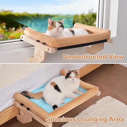 Solid Wood Cat Window Perch for Large Breeds – 40lbs Heavy Duty Cat Window Hammock, Comfortable Orthopedic Feline Bed with Easy Screw-in Assembly, Modern Pet Furniture, Bonus Toy Included