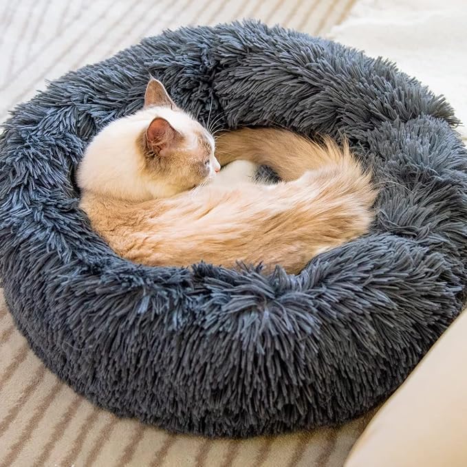Cat Beds for Indoor Cats - Small Dog Bed Washable 24 inches, Anti Anxiety Round Fluffy Plush Faux Fur Pet Bed, Thick Bottom (Dark Grey, Large 24" L x 24" W)