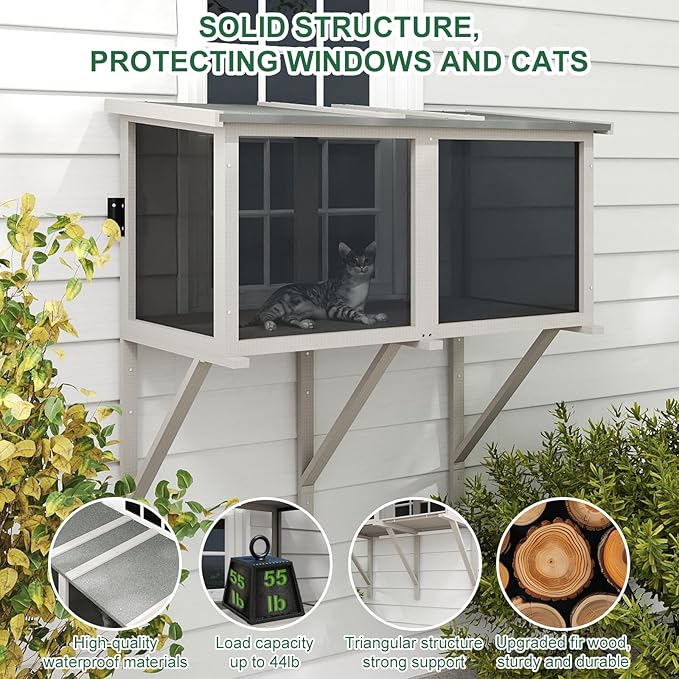 Cat Catio, Expandable Window Box Enclosure for Indoor Cats, Comfortable Wooden Small Pet Perch House Hammock, All-Weather, Keep Bugs Insects Out