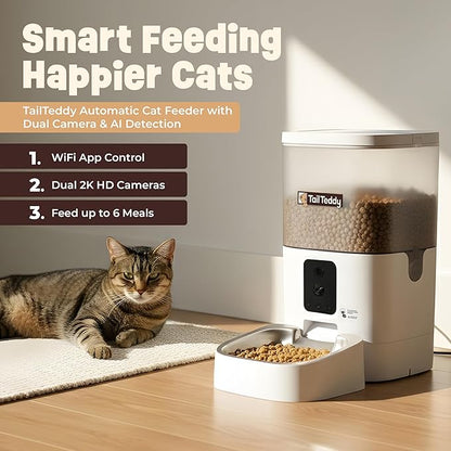 TailTeddy Automatic Cat Feeder with Dual Camera & AI Detection (6L), Smart Pet Feeder with WiFi App & Two-Way Audio, Timed Cat Feeder up to 6 Meals/Day, Stainless Steel Bowl & Battery Backup