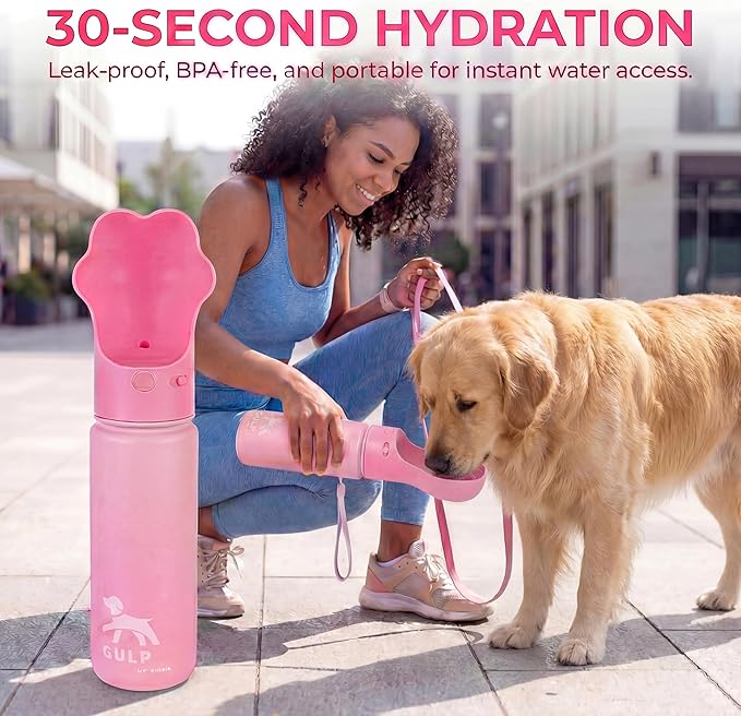 Duna Gulp 18oz Dog Travel Water Bottle with Paw-Shaped Bowl - Insulated Stainless Steel, Leakproof & Portable with Carry Strap for Outdoor Walking, Hiking & Pet Hydration on-the-Go - Pink