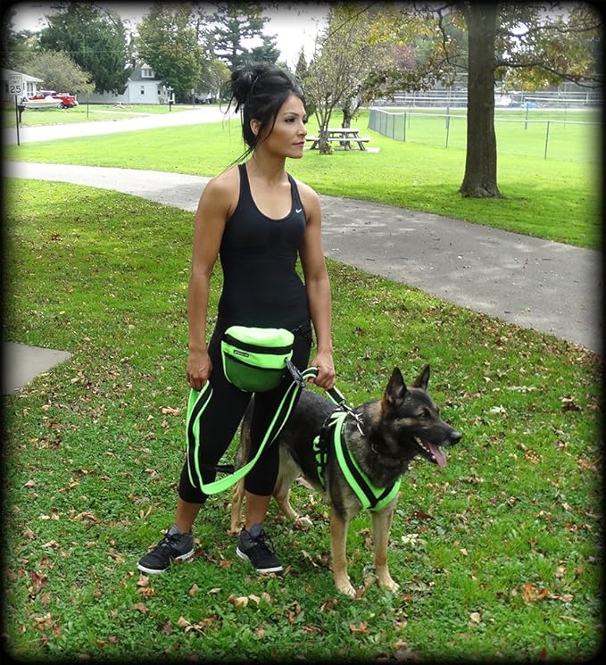 ActiveDogs Dog Handler Bag w/Bungee Leash, Water-Resistant Adjustable Treat Bag + Hands-Free 36"-52" Leash Combo - Black Fleece