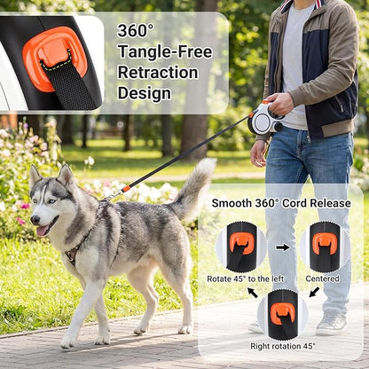 Segarty 16 Ft 360°Tangle-Free Leash with Detachable Waste Bag Holder, Retractable Dog Lead for Pet up to 66 Lbs, 5m White Walking Leash with Anti-Slip Handle & One-Handed Brake Pause Lock for Outdoors