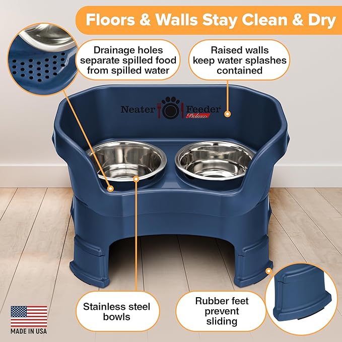 Neater Feeder Deluxe Mess-Proof Elevated Dog Bowls for Medium Dogs (19–40 lbs), 2 Height Adjustable (10” & 12.5”) No-Spill Raised Dog Bowl Stand, Stainless Steel Food Bowl Set, Made in USA, Dark Blue