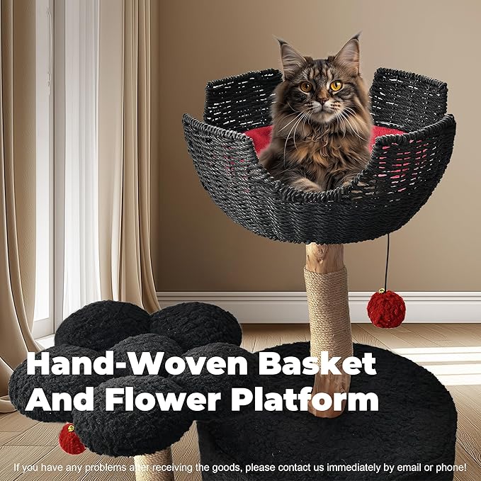 Easyego Modern Cat Tree, 35.5" Aesthetic Wood Cat Tree Tower for Large Cats, Luxury Cat Condo with Scratching Posts and Flower Platforms, Cat Furniture, Black