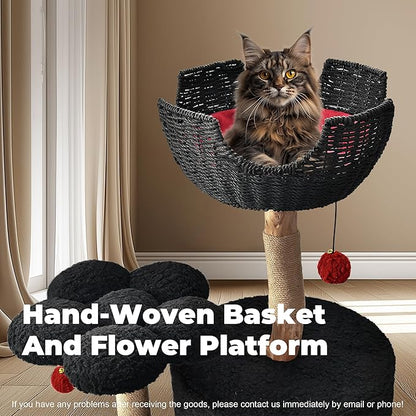 Easyego Modern Cat Tree, 35.5" Aesthetic Wood Cat Tree Tower for Large Cats, Luxury Cat Condo with Scratching Posts and Flower Platforms, Cat Furniture, Black