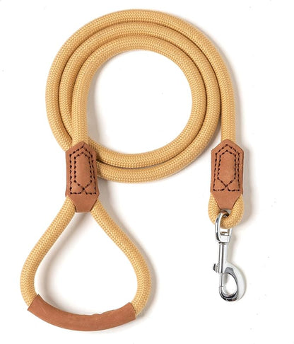 Mile High Life | Premium Leather Handle Dog Leash | Strong Rope Leash | Zinc Alloy Strong Clasp | Small Medium Large Dogs | 4/5/6 Feet(Yellow, 72 Inch (Pack of 1))