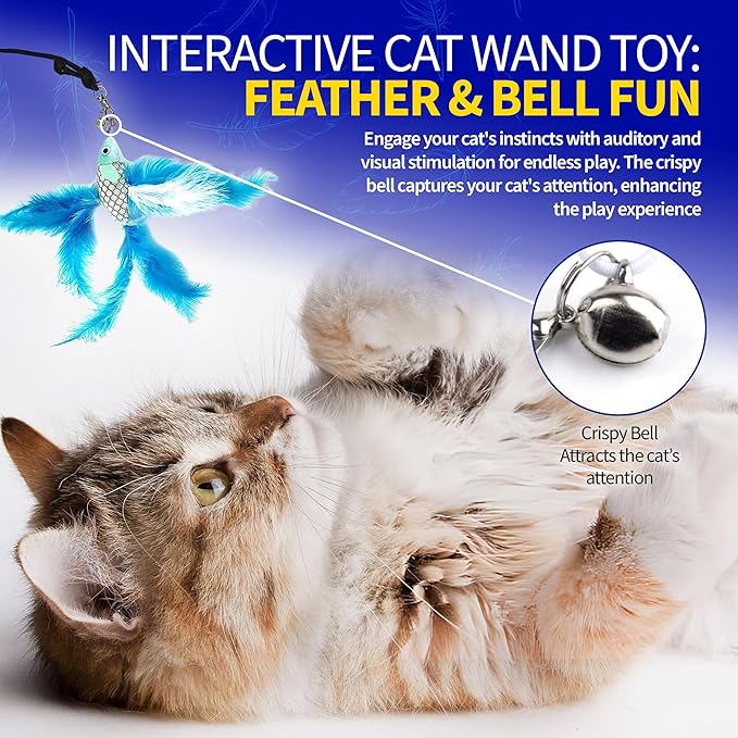 Pet Fit For Life Cat Feather Wand Toys – Interactive Cat Wand Toy for Indoor Pets | 2 Feathery Fish Attachments | Promotes Animal Health & Fitness, Made w/Soft & Durable Materials | Gift