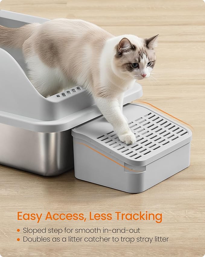 Feandrea Stainless Steel Cat Litter Box with Open Top, High Sided Litter Tray with Step, Scoop, Brush, for Cats up to 33 lb, Light Gray UPPT008GD01