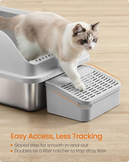 Feandrea Stainless Steel Cat Litter Box with Open Top, High Sided Litter Tray with Step, Scoop, Brush, for Cats up to 33 lb, Light Gray UPPT008GD01