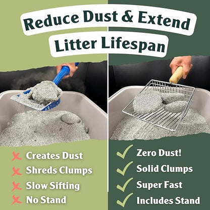 Sprinkle & Sweep: Litter Box Deodorizer Duo - 8oz Bag & Speed Sifter - Cat-Kitten Home Odor Neutralizer, Ultra-Absorbent Formula, Wood Handle Scooper