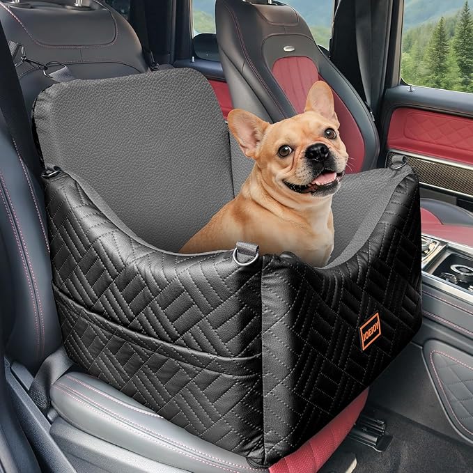JOEJOY Dog Car Seats for Small Medium Dogs Under 35lbs, Waterproof PU Leather Dog Booster Seat with Detachable Cover, Thickened Memory Foam Pet Car Seat with Safety Belt and Storage Pockets