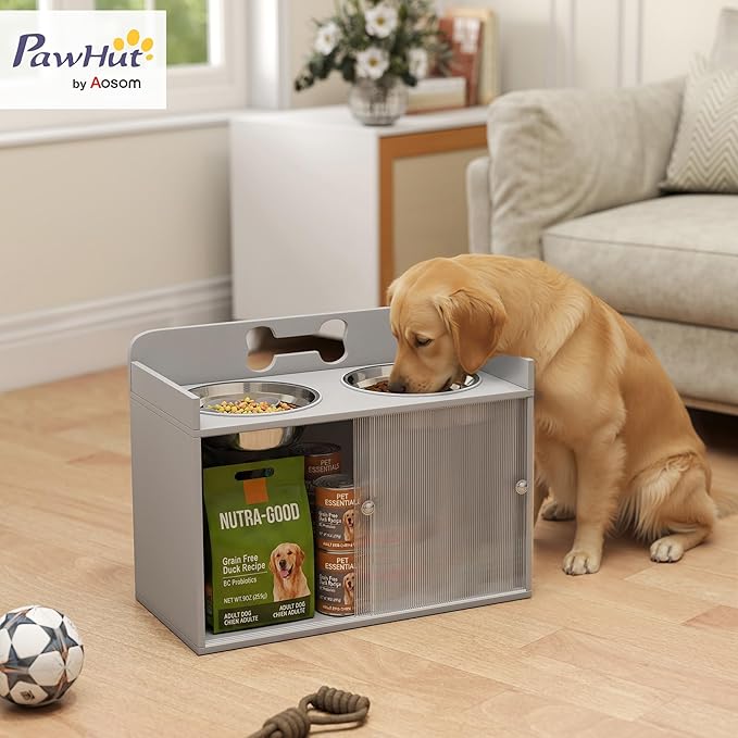 PawHut Elevated Dog Bowls with Storage, Raised Dog Bowl Stand with 2 Stainless Steel Food Dishes and Slow Feeder, Pet Feeding Station for Large Breeds, Gray