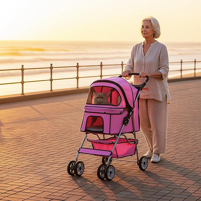 BestOffice Pet Stroller for Small Medium Dogs & Cats, 4-Wheel Foldable Dog Stroller with Cup Holder, Lightweight Travel Carrier, Waterproof Design for Outdoor Walks, Pink