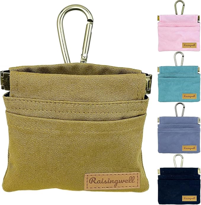 Raisingwell Dog Treat Pouch, Brown Pocket Sized Pet Training Pouch, Cotton Fabric, Hand Free Dog Walking Bag with Carabiner, Self-Closing Pet Feed Snack Reward, for Puppy Travel or Outdoor Use