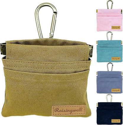 Raisingwell Dog Treat Pouch, Brown Pocket Sized Pet Training Pouch, Cotton Fabric, Hand Free Dog Walking Bag with Carabiner, Self-Closing Pet Feed Snack Reward, for Puppy Travel or Outdoor Use