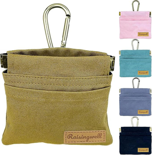Raisingwell Dog Treat Pouch, Brown Pocket Sized Pet Training Pouch, Cotton Fabric, Hand Free Dog Walking Bag with Carabiner, Self-Closing Pet Feed Snack Reward, for Puppy Travel or Outdoor Use
