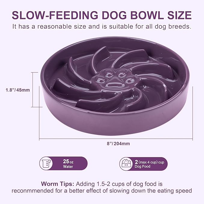 Ceramic Slow Feeder Dog Bowl, 1.5 Cup Dog Food or 20oz Water, Slow Eating Bowl for Small Breed, Maze Puzzle Feeder for Fast Eaters, Anti-Choking Stop Bloat, Non-Slip BPA Free (Purple)
