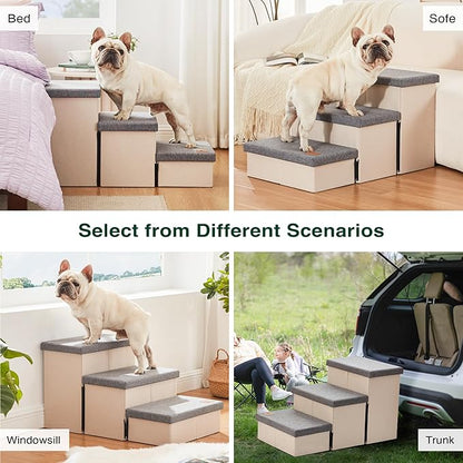 Love's cabin Dog Stairs for High Bed 18" H, Foldable Pet Stairs for Small Medium or Large Dogs Puppy with Storage for Bed or Couch, Cat Dog Steps Ramp with Zip up to 200 lbs, Light Grey, 3 Steps