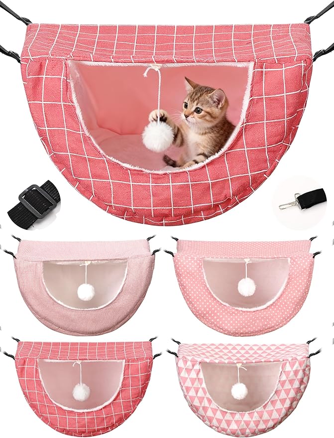 Unittype 4 Pieces Cat Cage Hammock Hanging Pet Bed Double Layer Soft Plush Hanging Pet Comfortable Hammock Bed for Indoor Kitten Ferret Hamster Rabbit or Small Animals, 4 Styles(Pink Dots)