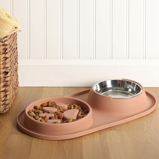 Gibson Home Curious Canines Slow Feeder Dog Bowl Set, 16” Bone Shaped Double Bowl, Silicone Base with Stainless Steel Insert, Anti-Gulp Feeding, Dishwasher Safe, Blush