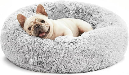 Love's cabin Calming Cat Bed for Indoor Cats, Anti-Anxiety Donut Round Dog Bed, Fluffy Faux Fur Washable Pet Bed for Small Medium Dogs and Cats,Grey,20in