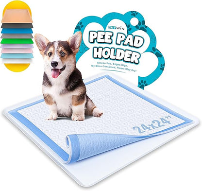 Skywin TidyFriend Dog Pee Pad Holder Tray - Fits Up to 24” x 24” Pee Pad Holder for Dogs - Stable Grip, Raised Edges, Quick-Wipe Silicone Surface Dog Pad Holder for Indoor Flooring Protection (White)