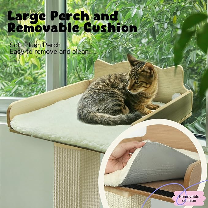 Cat Window Perch with Thick Sisal Scratching Post, Cat Hammock for Window, 53.5" Adjustable Tall Cats Scratching Post with 2 Upgrade Suction Cups, Cats Window Bed with Fluffy Cushion, Sisal