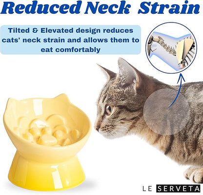 Macarons Series Ceramic Slow Feeder Cat Bowl, Raised Puzzle Feeder, Anti Vomiting Cat Slow Feeding, Elevated Food Bowl, Whisker Friendly Pet Bowl with Cute Ear Design (Gradient Yellow)