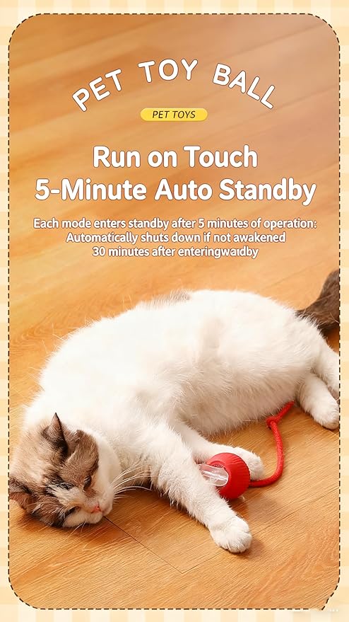 RightBliss Automatic Interactive Cat Dog Toy with Elastic Tail: Chirping Sound, Smart Obstacle Avoidance for Indoor Cats & Kittens (Red Ball with Feather Tail)