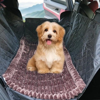 2-in-1 Dog Car Seat Cover & Dog Car Pet Bed Mat for Back Seat, Waterproof Pet Hammock with Soft Plush Cushion, Nonslip Backseat Protector for Dogs, Fits Cars SUVs Trucks