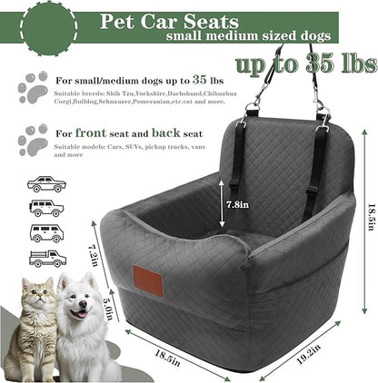 Dog Car Seat for Small/Medium Dogs,2 Adjustable Seat Belt,Memory Foam with Soft Fabric Pets Travel Car Bed with Non-Slip Bottom,Easily Installed in Front and Back Seats,Removable and Washable(H-Grey