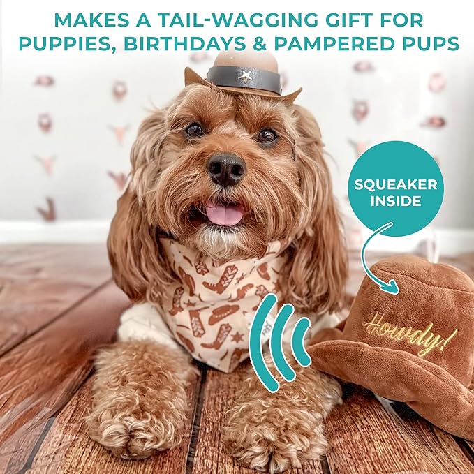 Haute Diggity Dog Cowboy Hat Plush Dog Toy for Medium & Large Dogs, Western-Inspired Stuffed Dog Toys with Interactive Squeaker, Mesh Lining, Machine-Washable, Durable & Safe, One Size, Brown