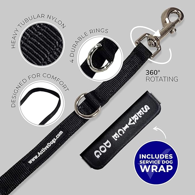 ActiveDogs Hands Free Dog Leash Crossbody 7.5ft - Adjustable 4-Point Hands Free Leash with Service Dog Wrap for Increased Mobility & Training - Strong 3/4" Nylon & Double Stitched, Black