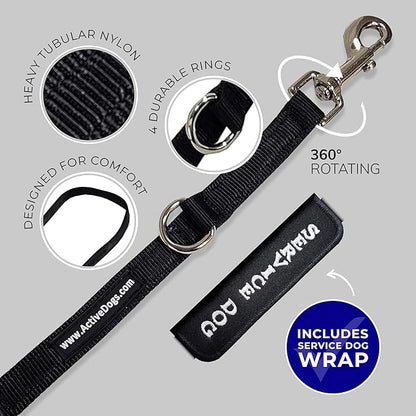 ActiveDogs Hands Free Dog Leash Crossbody 7.5ft - Adjustable 4-Point Hands Free Leash with Service Dog Wrap for Increased Mobility & Training - Strong 3/4" Nylon & Double Stitched, Black