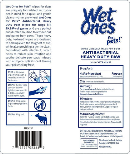 Wet Ones for Pets Antibacterial Heavy Duty Paw Wipes, Tropical Splash Scent - Thick Dog Cleaning Wipes - Scented, Durable and Disposable Dog Wipes for Paws, 50 Count