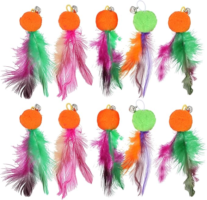 12 Pcs Cat Feather Toy Refills, Interactive Wand Attachments with Bells, Colorful Interactive Teaser Feathers Replacement for Indoor Cats & Kittens