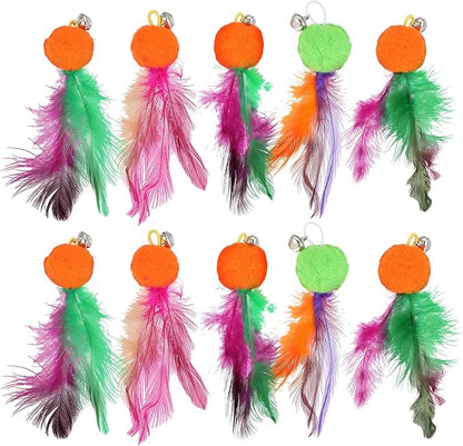 12 Pcs Cat Feather Toy Refills, Interactive Wand Attachments with Bells, Colorful Interactive Teaser Feathers Replacement for Indoor Cats & Kittens