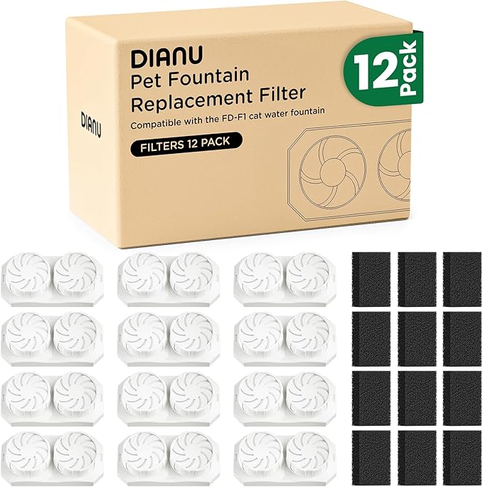 DIANU Official Cat Water Fountain Replacement Filters & Pre-Filter Sponges for 3.2L/108oz Stainless Steel Pet Fountain (12 Pack)
